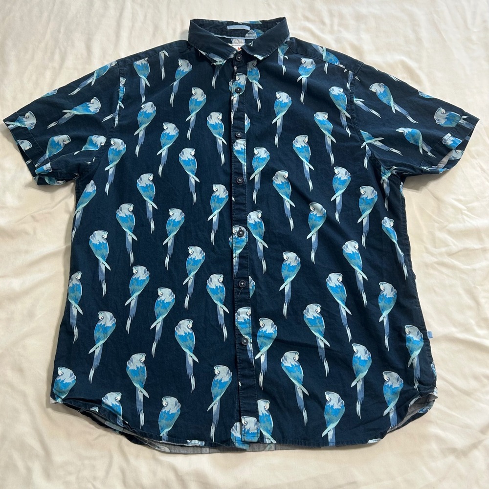 Cactus Man Ricky Singh Blue Parrot Print Slim Fit Cotton Button Down Shirt Large